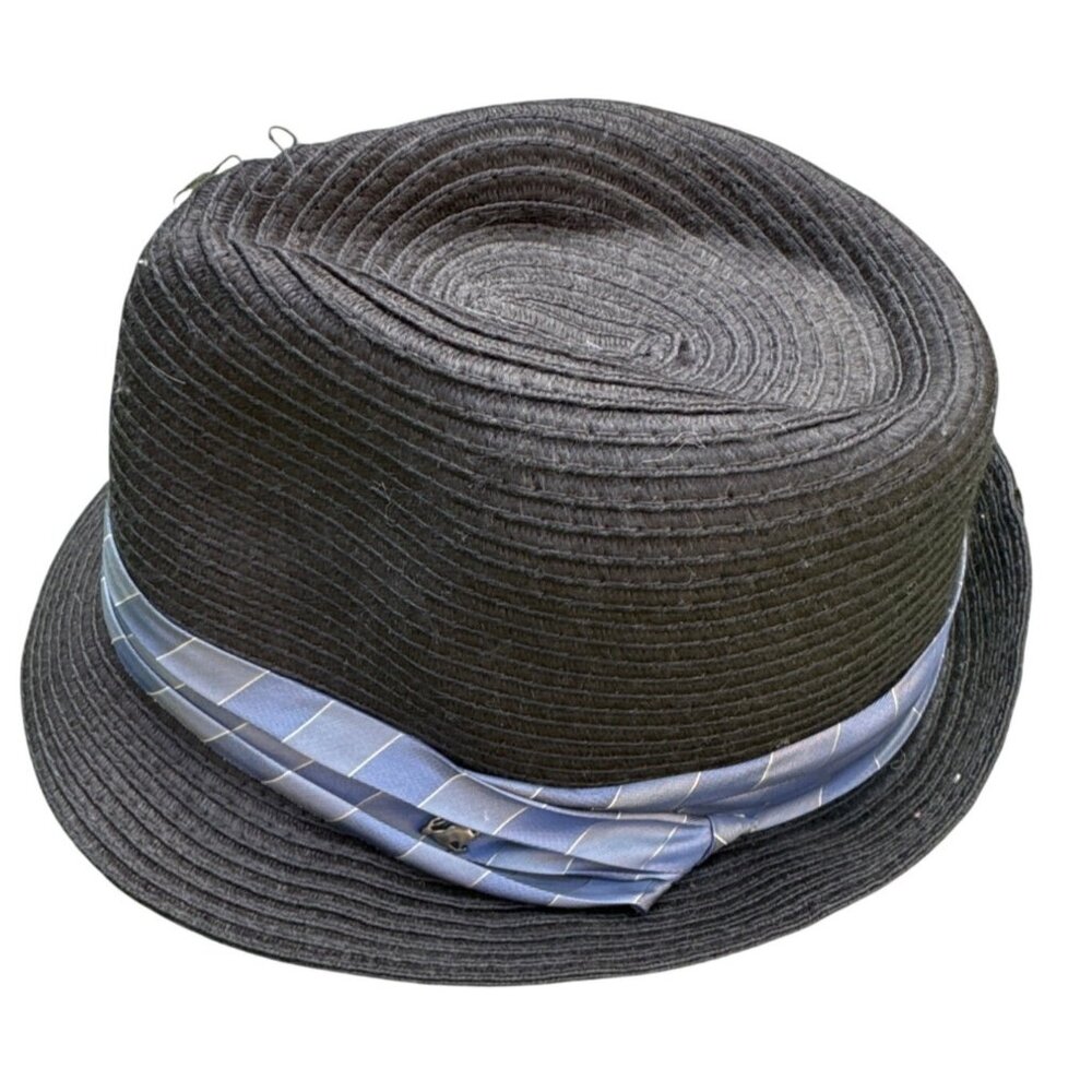 Black Peter Grimm Fedora Hat S/M 100% Polyester With Blue Plaid Ribbon Band & Me